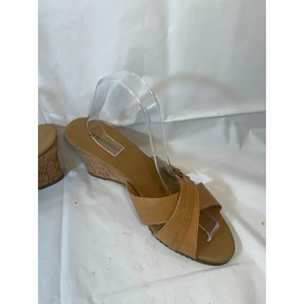 NATURALIZER Womens Brown Slide Sandals Size 9.5  Leather Wedge Heel Open Toe